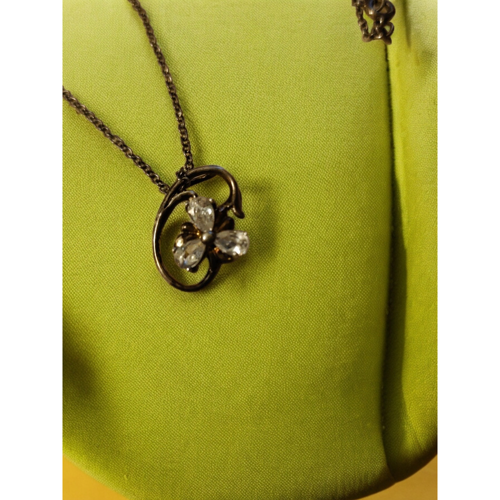 Vintage 925 silver 18" link chain necklace with floral Rhinestone pendent